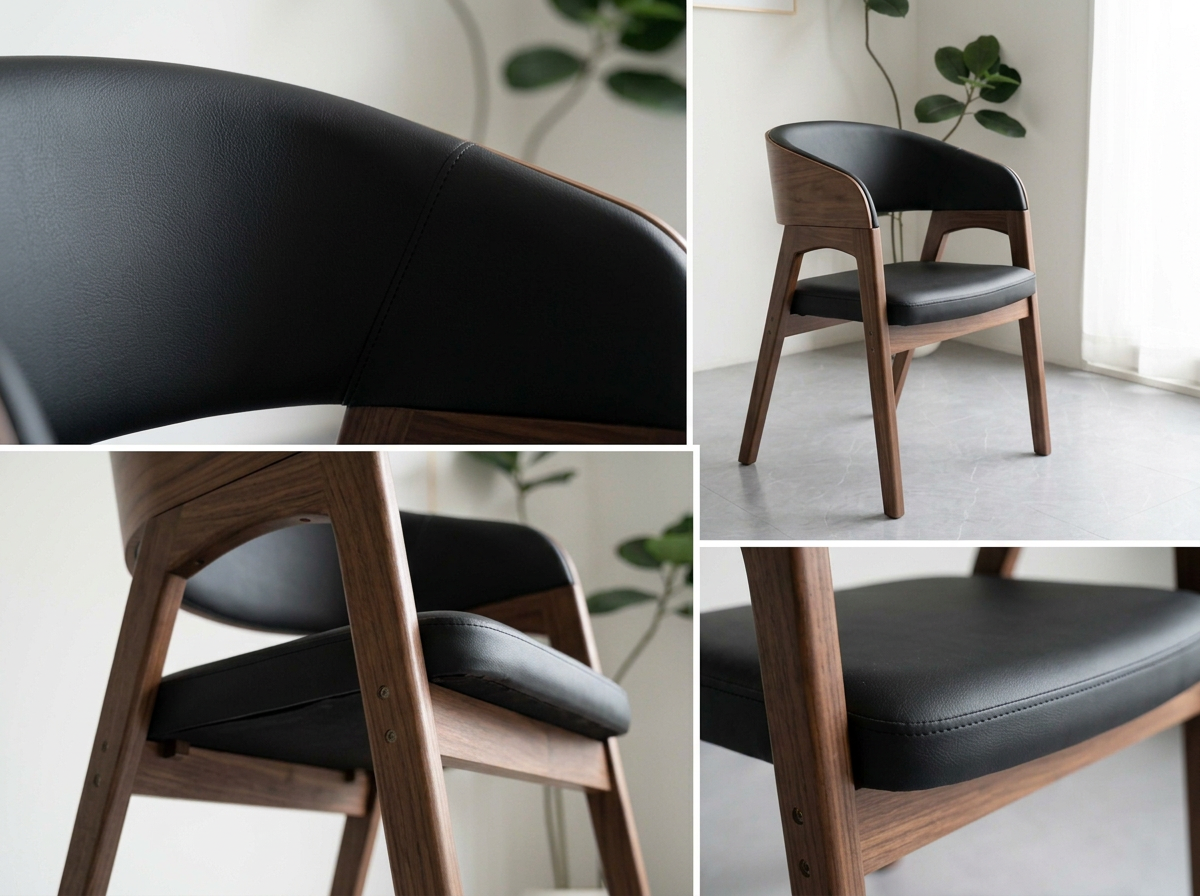 oak wood walnut black leather lounge chair