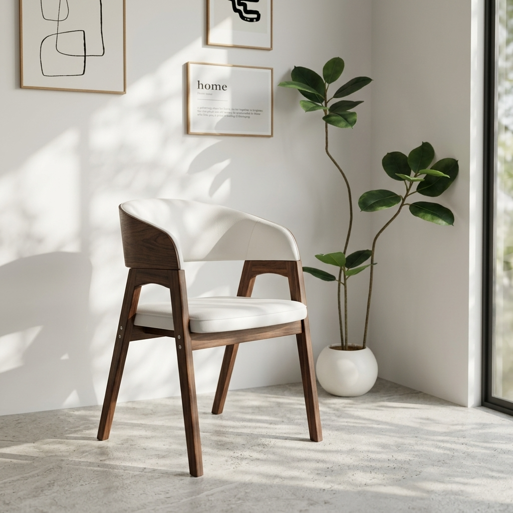 walnut solid oak MCM dining chair White Leather