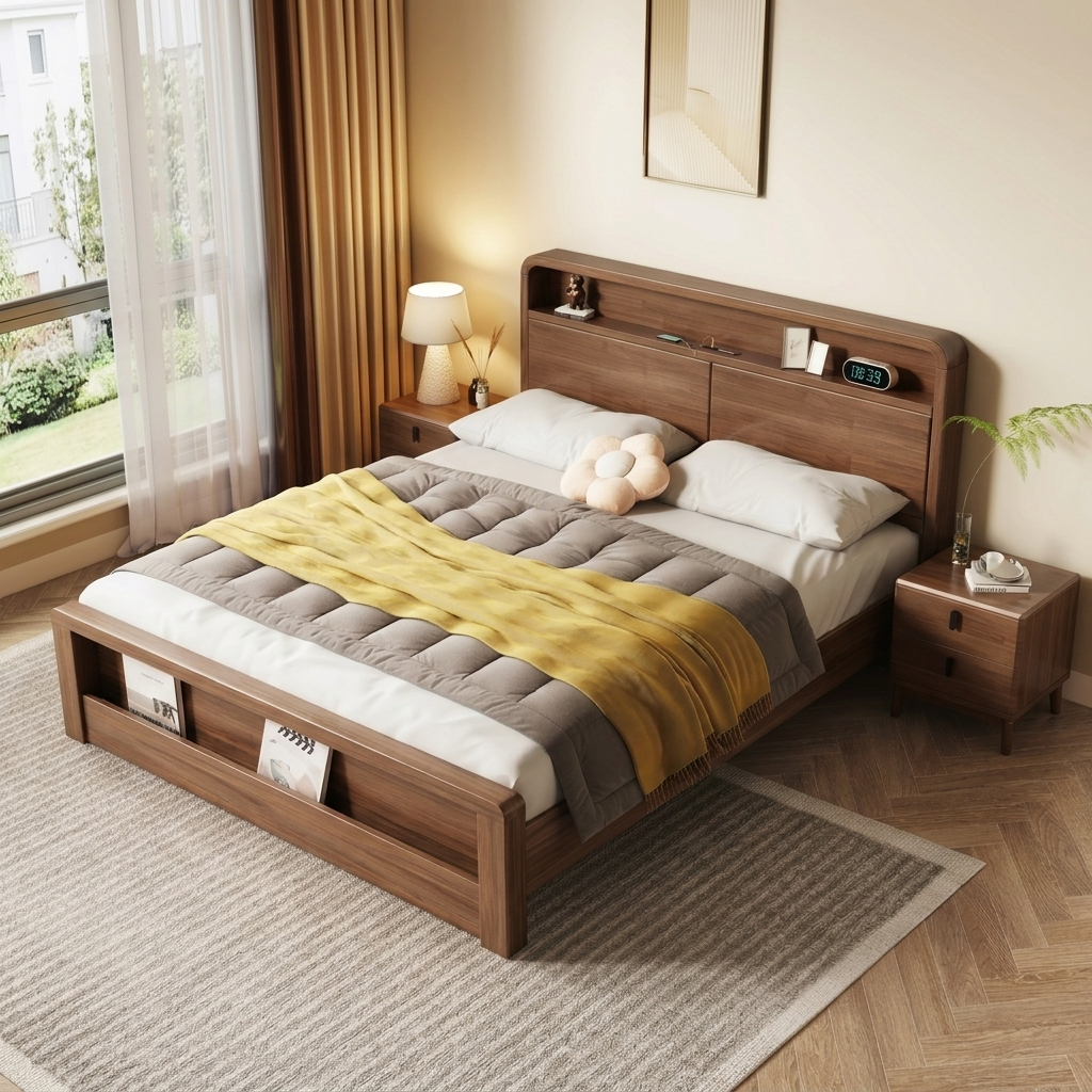 Japandi Oak Storage LED Queen Bed Walnut