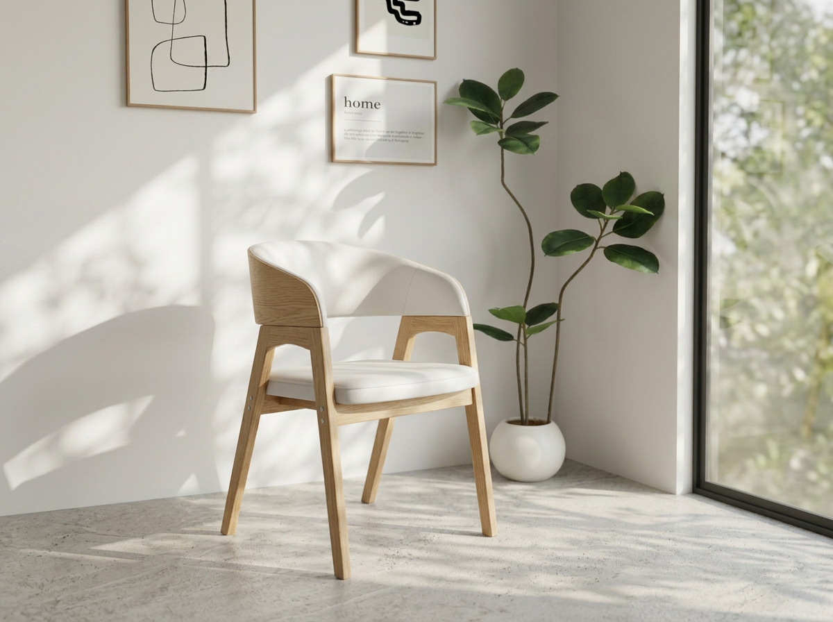 walnut solid oak MCM dining chair White Leather