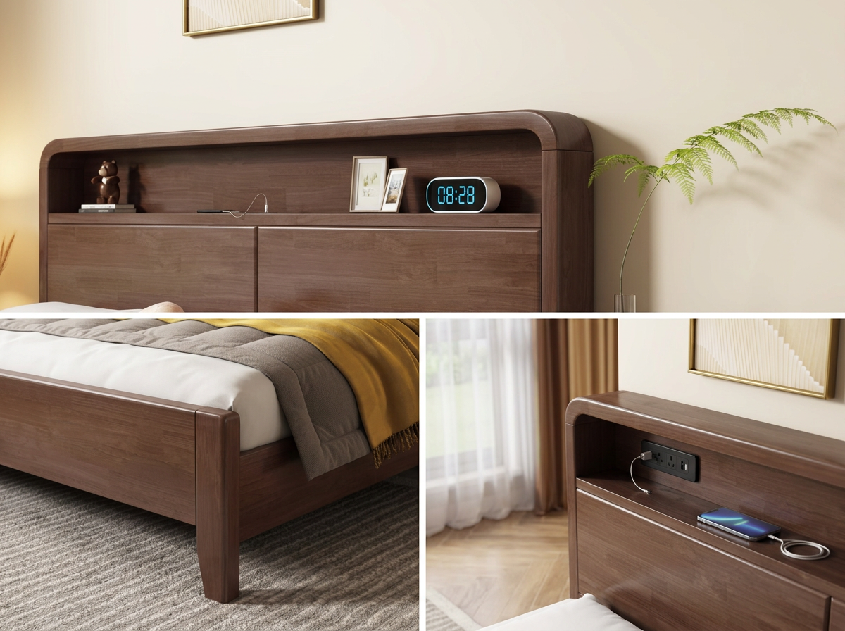 Japandi Oak Storage LED Queen Bed Walnut