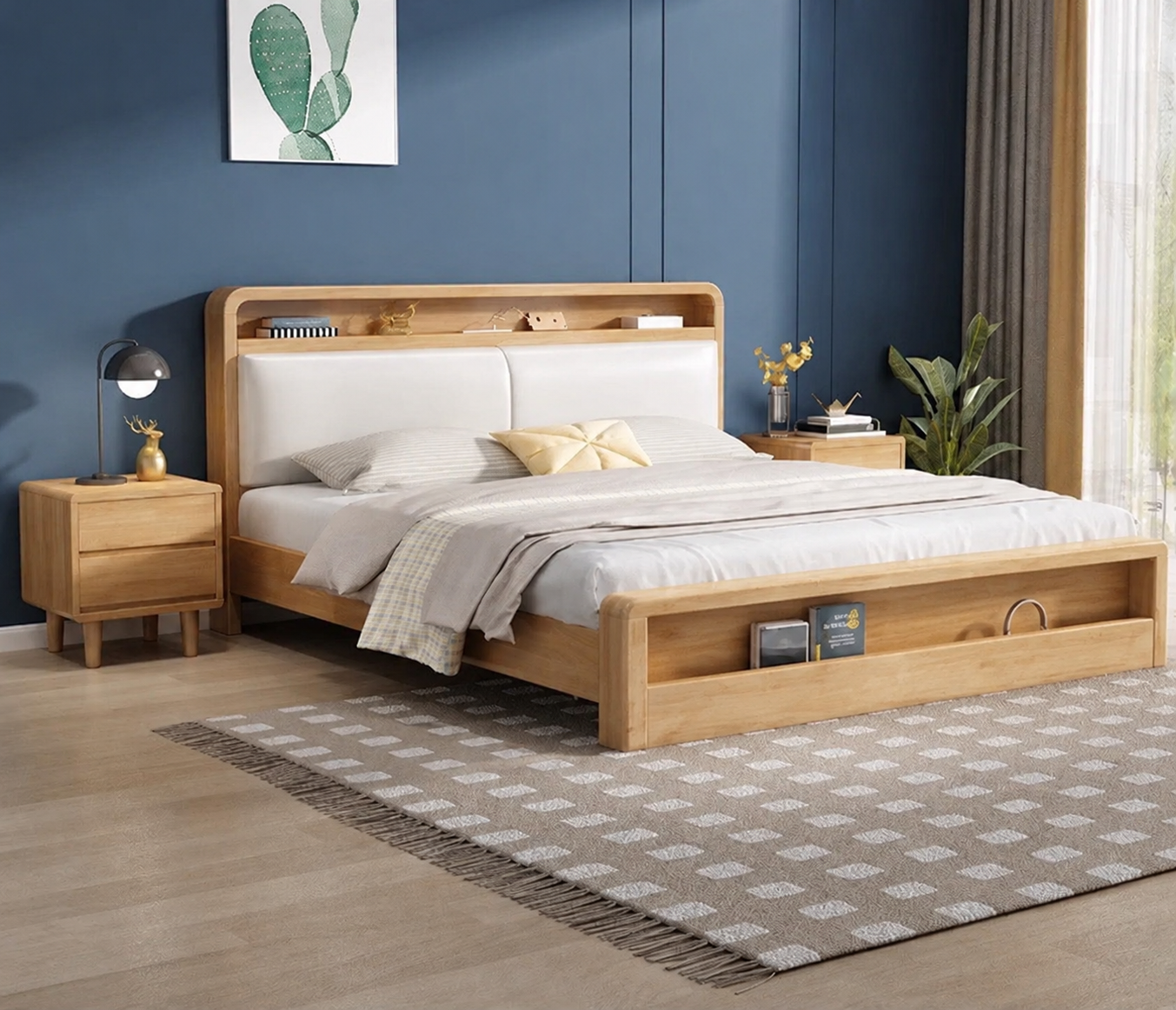Japandi Oak Storage LED Upholstered Queen Bed