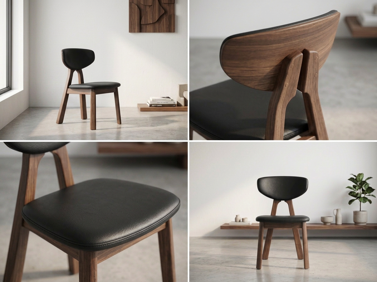 oak wood walnut dining chair black leather