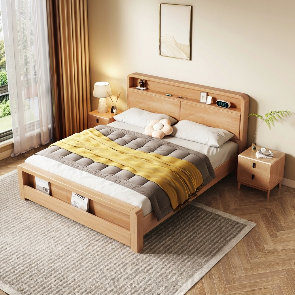 Japandi Oak Storage LED Queen Bed