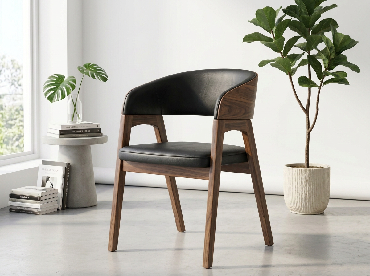 oak wood walnut black leather lounge chair