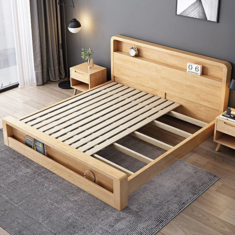 solid oak japandi queen bed frame