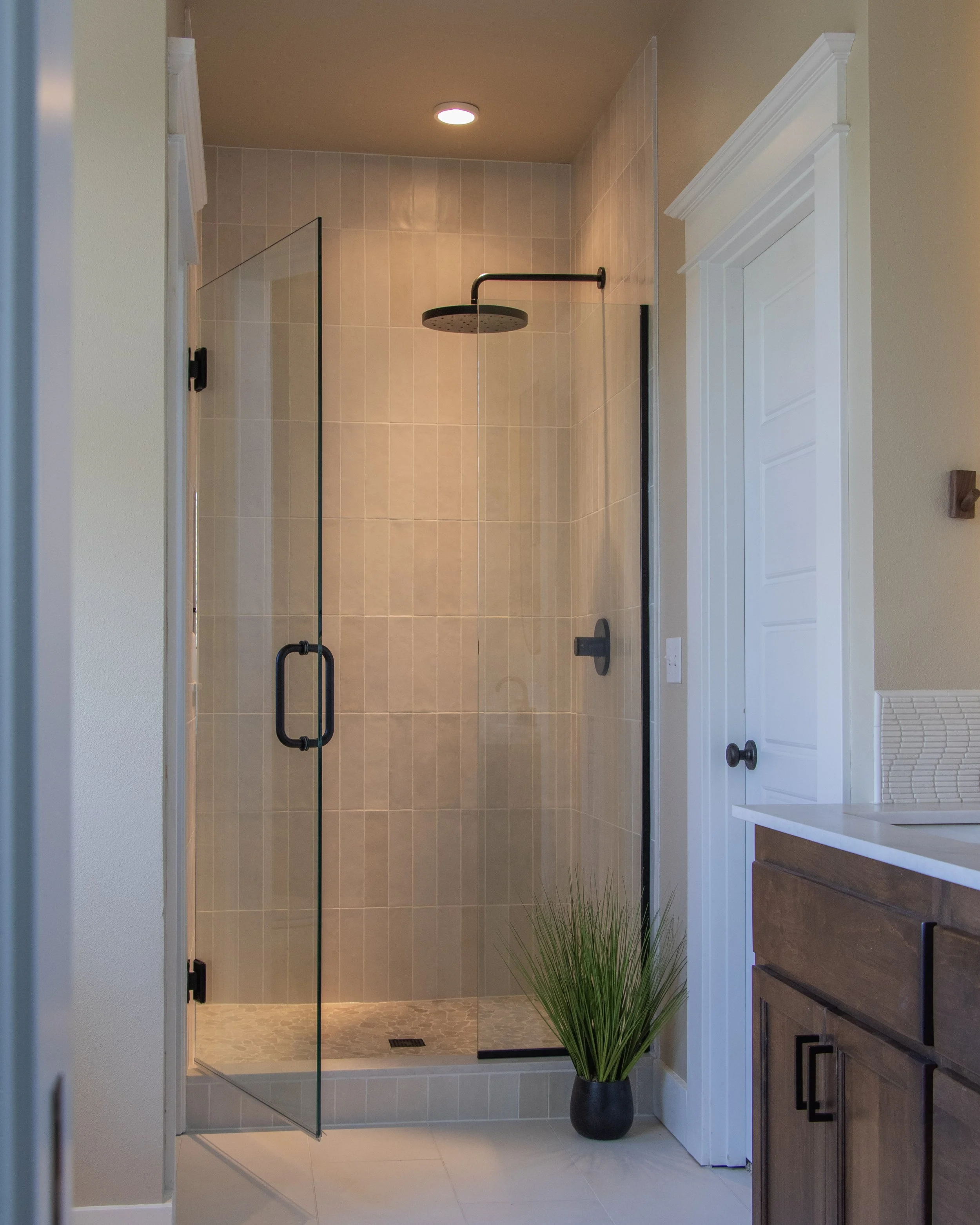 Modern bathroom with a walk-in shower featuring a glass door, beige tiles, a ceiling-mounted rainfall showerhead, a white vanity with dark cabinet drawers, and a tall green plant in a black pot.