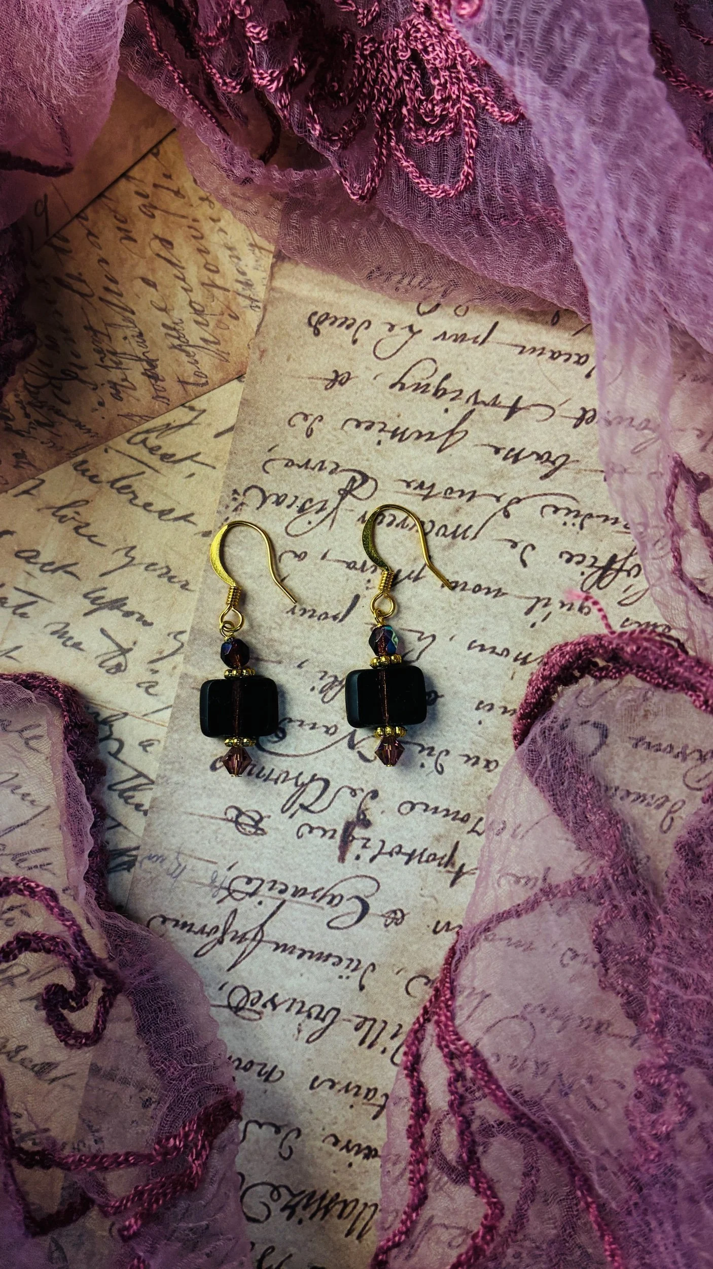 Forbidden Fruit Czech glass drop earrings in the deep purple Plum colorway.