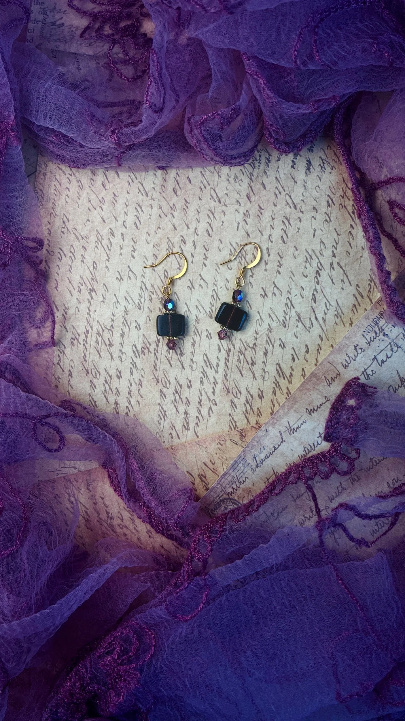 Forbidden Fruit Czech glass earrings in the multicolored Pomegranate colorway.