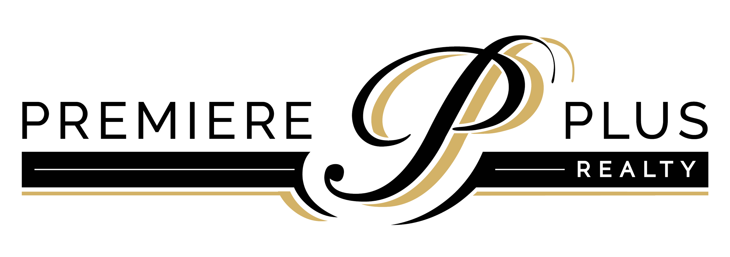 Premiere Plus Realty logo in black and gold text with decorative swirl design.