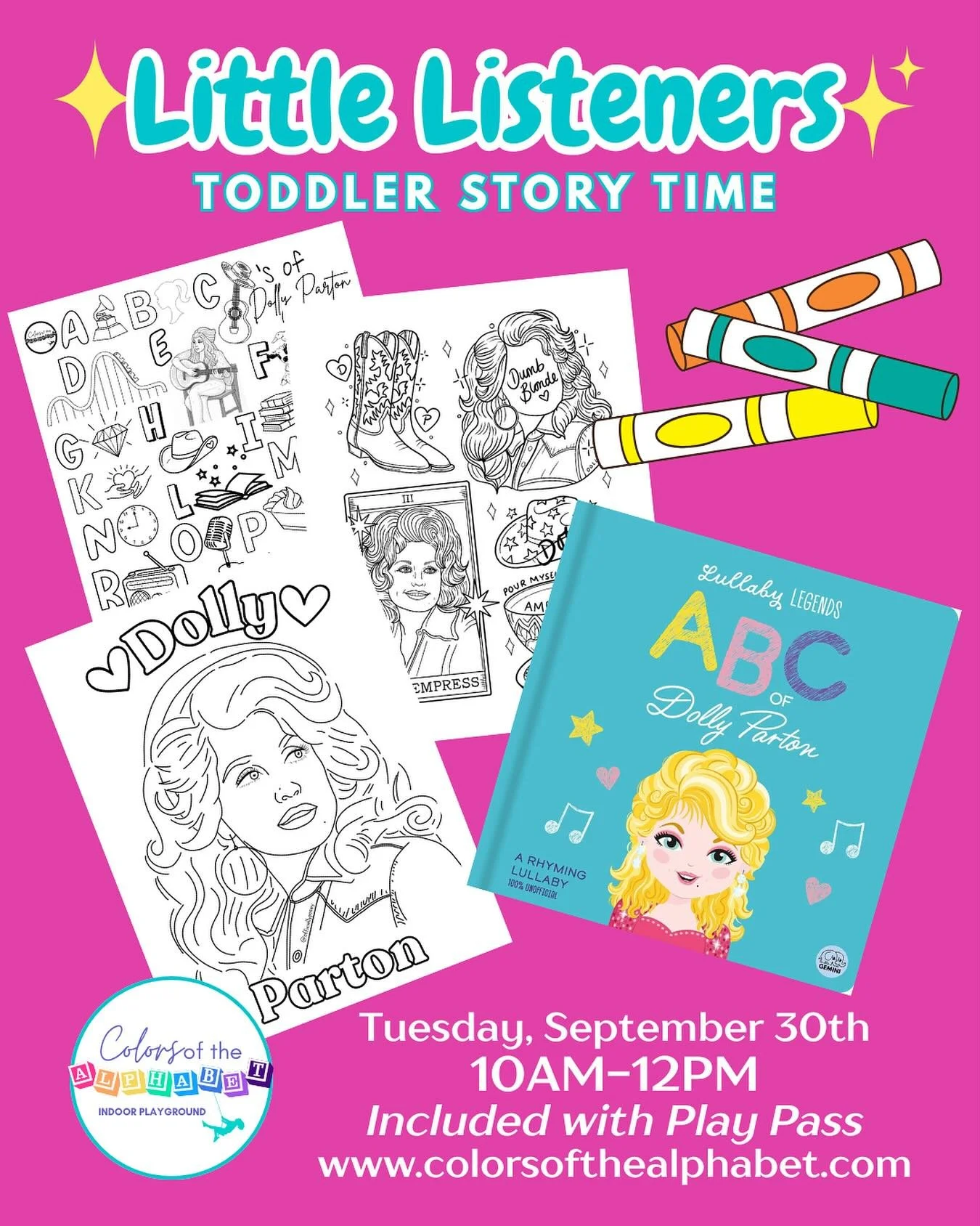 ✨🎶 &ldquo;It&rsquo;s hard to be a diamond in a rhinestone world&hellip;&rdquo; but at Story Time, we shine together! ✨

Join us Tuesday, Sept. 30th from 10&ndash;12 for ABC of Dolly Parton 📚 and special Dolly coloring sheets for moms (because y&rsq