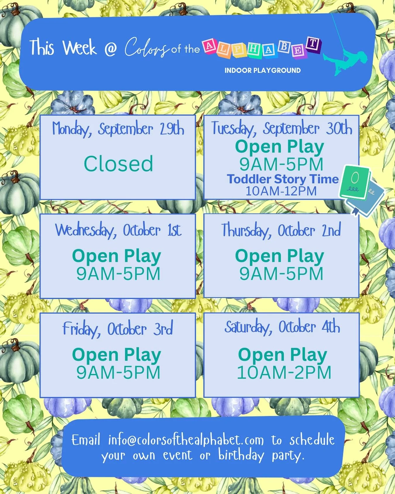 This week at Colors of the Alphabet! 🌈🔤

Special Events:

📖 Tuesday - Toddler Story Time from 10AM-12PM
https://www.colorsofthealphabet.com/shop-rPlcD/p/littlelisteners