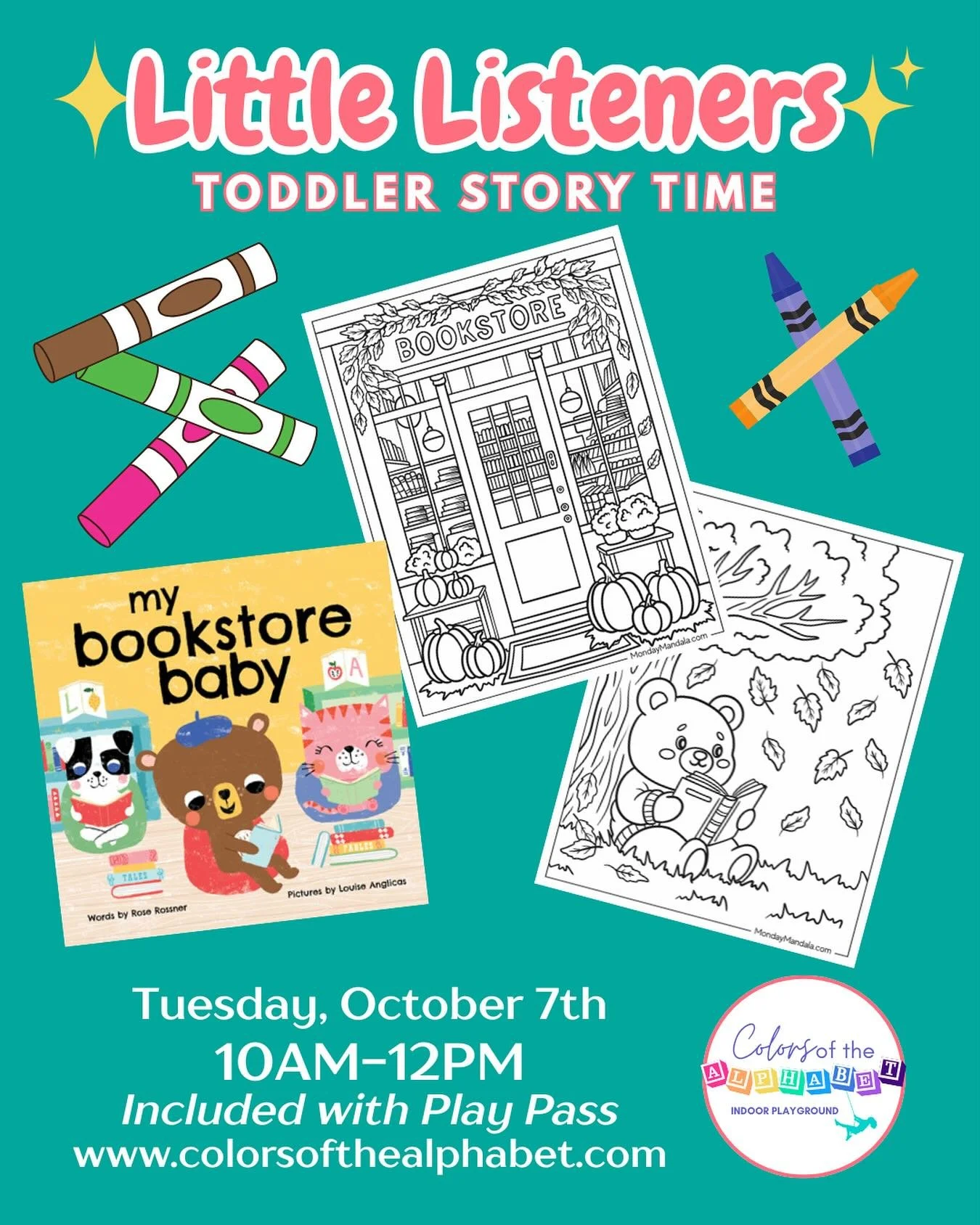 Join us Tuesday, Oct. 7th from 10&ndash;12 for My Bookstore Baby 🍼📖 &mdash; a sweet storytime all about tiny readers and big love for books!

🎨 Kids explore. Moms relax. Everybody wins. 💖

🔗 https://www.colorsofthealphabet.com/shop-rPlcD/p/littl