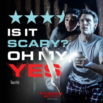 A man and a woman are in a dimly lit room, looking alarmed, with the man holding a flashlight. The text in the image asks, 'Is it scary? Oh my? Yes.' suggesting a horror or paranormal activity theme.