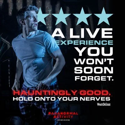 A man in a blue shirt looking to the side with a dark background, surrounded by text promoting a haunted house attraction, including stars, bold slogans, and themed phrases.