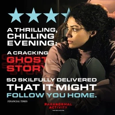 A woman with curly hair sitting and looking to the side, against a dark background with text overlay promoting a thrilling horror story, rated five stars, with a quote about a ghost story delivered skillfully enough to follow home, from the Financial Times. The text includes phrases like 'A thrilling, chilling evening,' 'A cracking ghost story,' and 'Paranormal activity.'