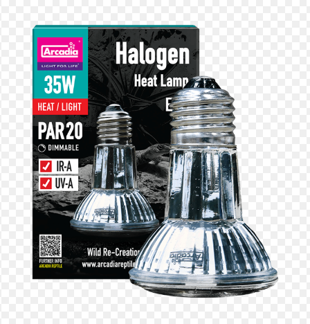Two clear halogen heat lamps with ribbed glass and metal bases in front of the product box. The box displays the brand Arcadia, 35W power, PAR20 shape, dimmable, IR-A, UV-A, and heat/light functions.