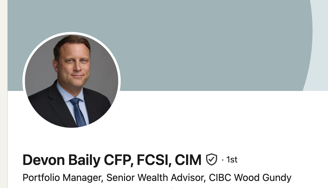 Screenshot of Devon Baily's LinkedIn profile showing his updated headshot, listed as Portfolio Manager, Senior Wealth Advisor at CIBC Wood Gundy.