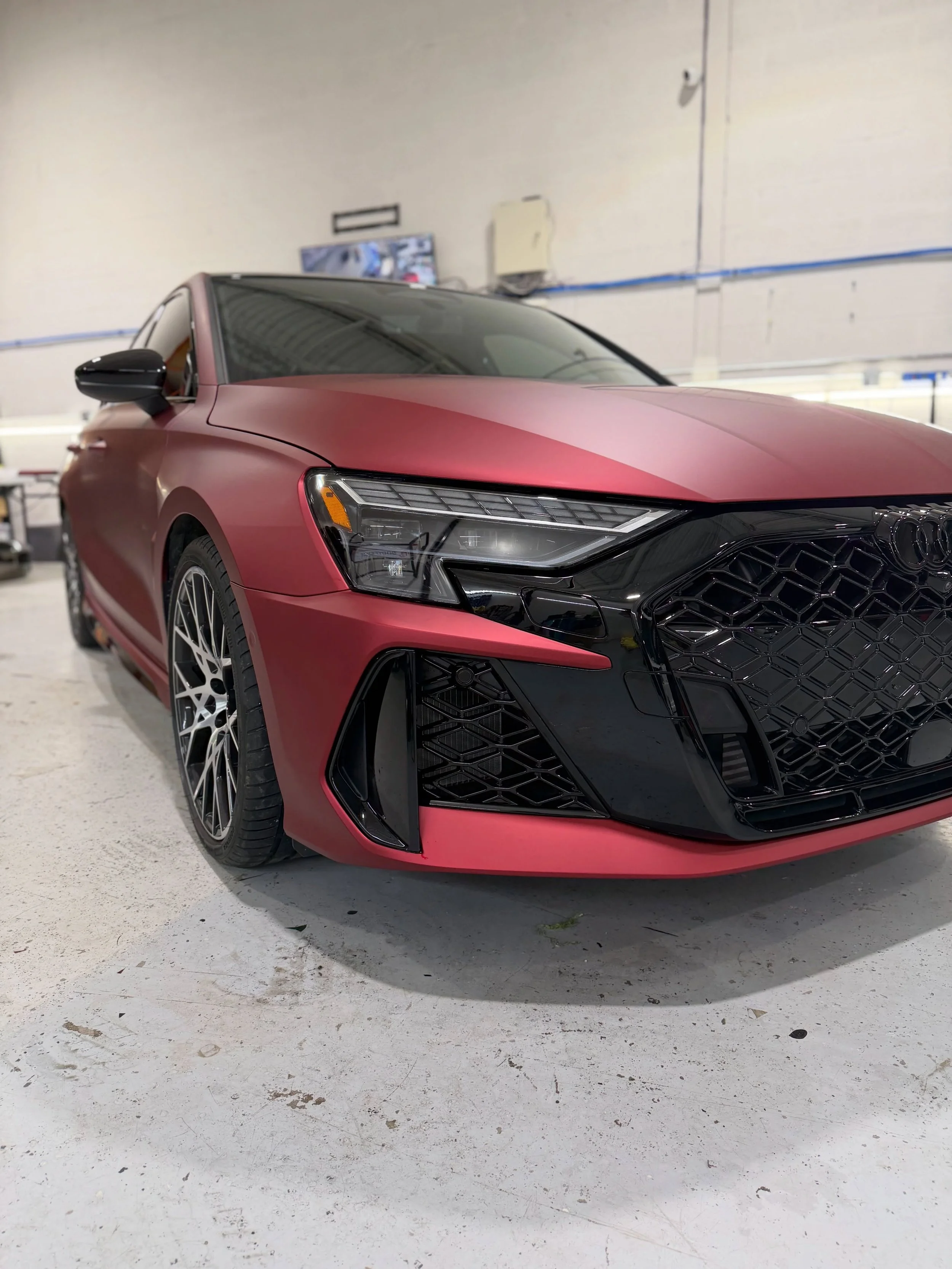 Brand new Audi RS3 came in for complete makeover, fully wrapped in Matte Chrome Romani Red Color PPF @neoppf_usa 

Blackout on badges, rear reverse lights smoked and reflectors blackout 🔥

#WrapMeisters