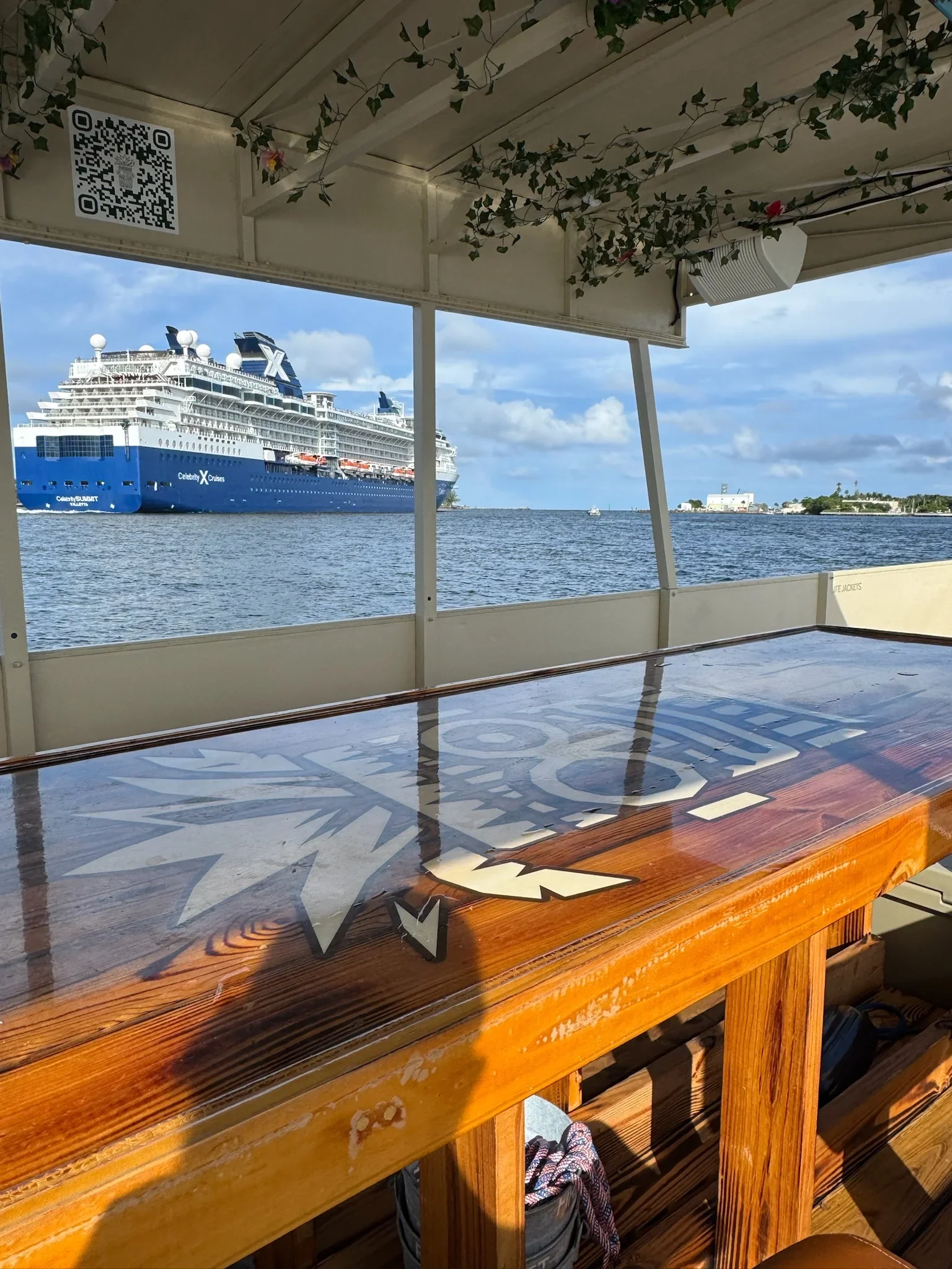 View of a large cruise ship on the water, seen from Freaky Tiki Boat Charters decorated with a vine plant and flower design on the top, under a sunny sky.