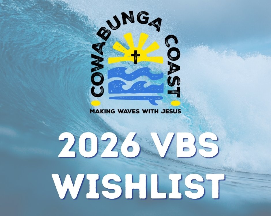 Logo for Cowabunga Coast VBS 2026, June 8-11, featuring a sun, waves, and a cross with the text "Making Waves with Jesus."