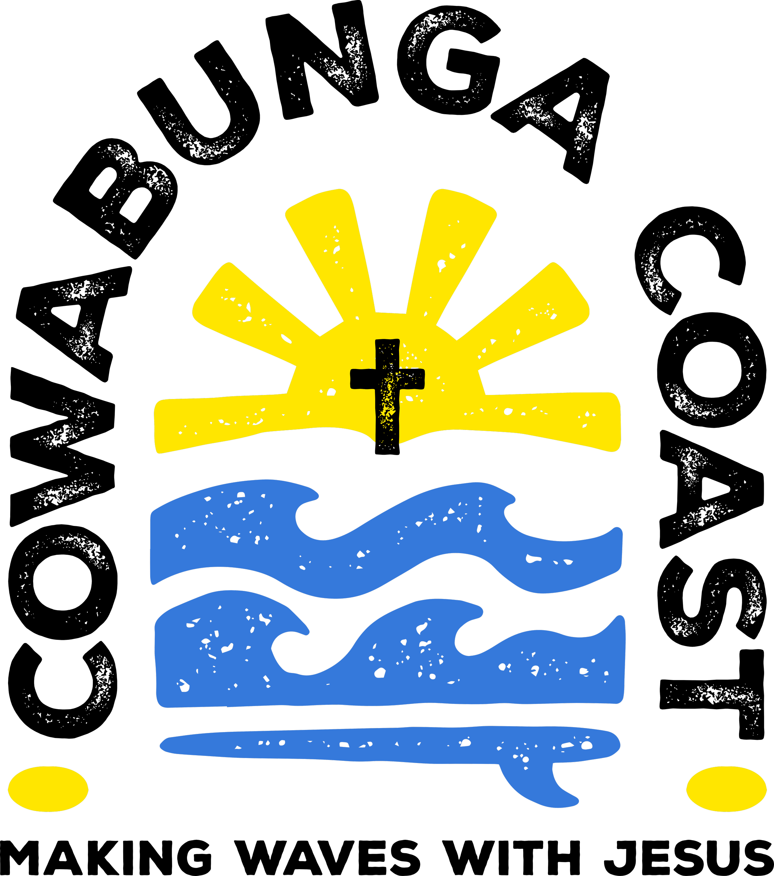 Stylized illustration with a cross on top, yellow rays emanating from behind, and blue waves below, with black text.