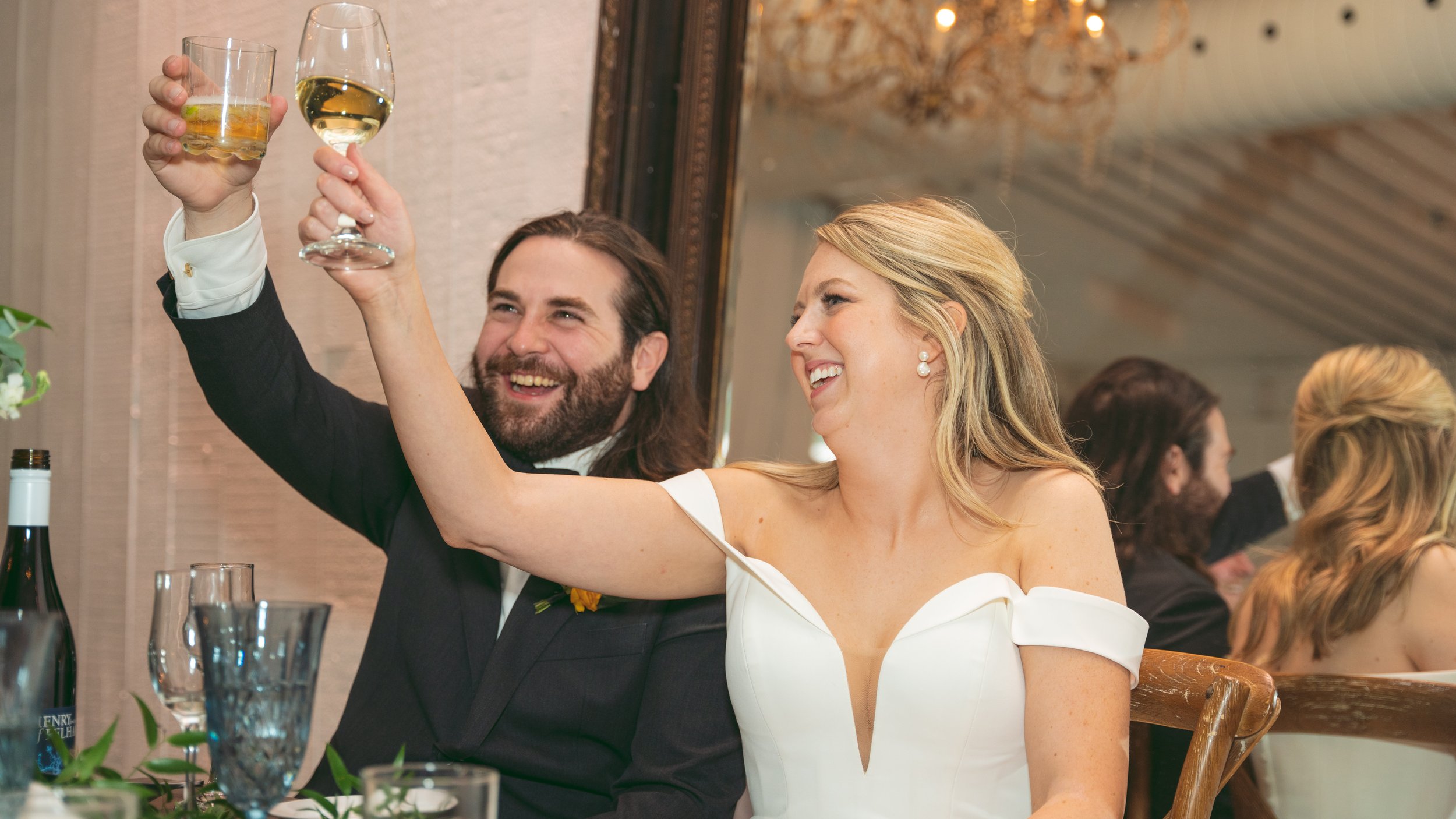 beautiful wedding reception. laughs and fun. wedding speech bride and groom in love