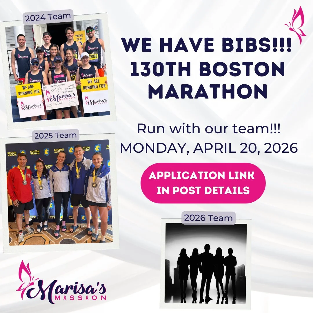🎉 EXCITING NEWS!!! 🎉
For all of our runners, we’re back for our 3rd year at the Boston Marathon®!
Marisa’s Mission is proud to announce that we have bibs available for the 130th running of the Boston Marathon® on April 20, 2