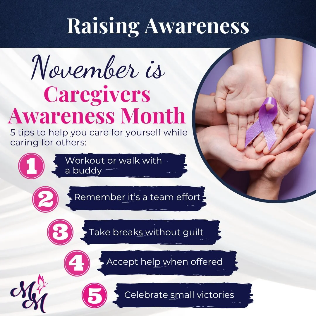 💜 November is National Caregiver&rsquo;s Awareness Month 💜⁠
⁠
We honor the incredible caregivers supporting loved ones every day. Here are 5 tips to help you care for yourself while caring for others:⁠
⁠
💡 Tip 1: Workout or walk with a buddy: soci