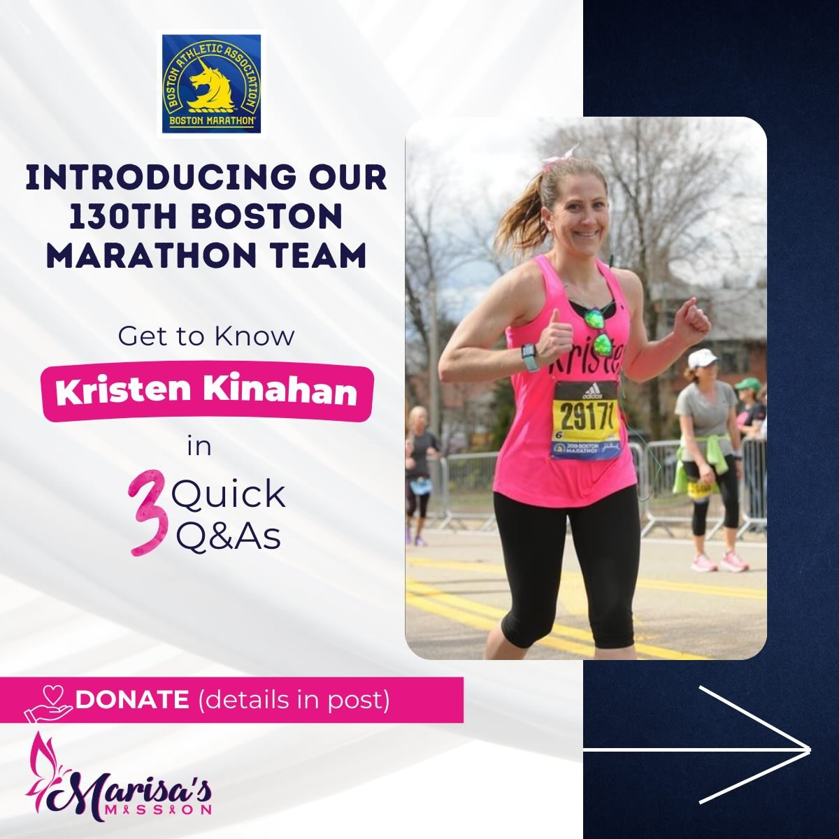 🏃&zwj;♀️💕Runner Spotlight: Meet Kristen!

Kristen is proud to be running the Boston Marathon for Marisa&rsquo;s Mission, honoring Marisa&rsquo;s incredible spirit while helping support patients and families facing cancer.

Swipe through to get to k