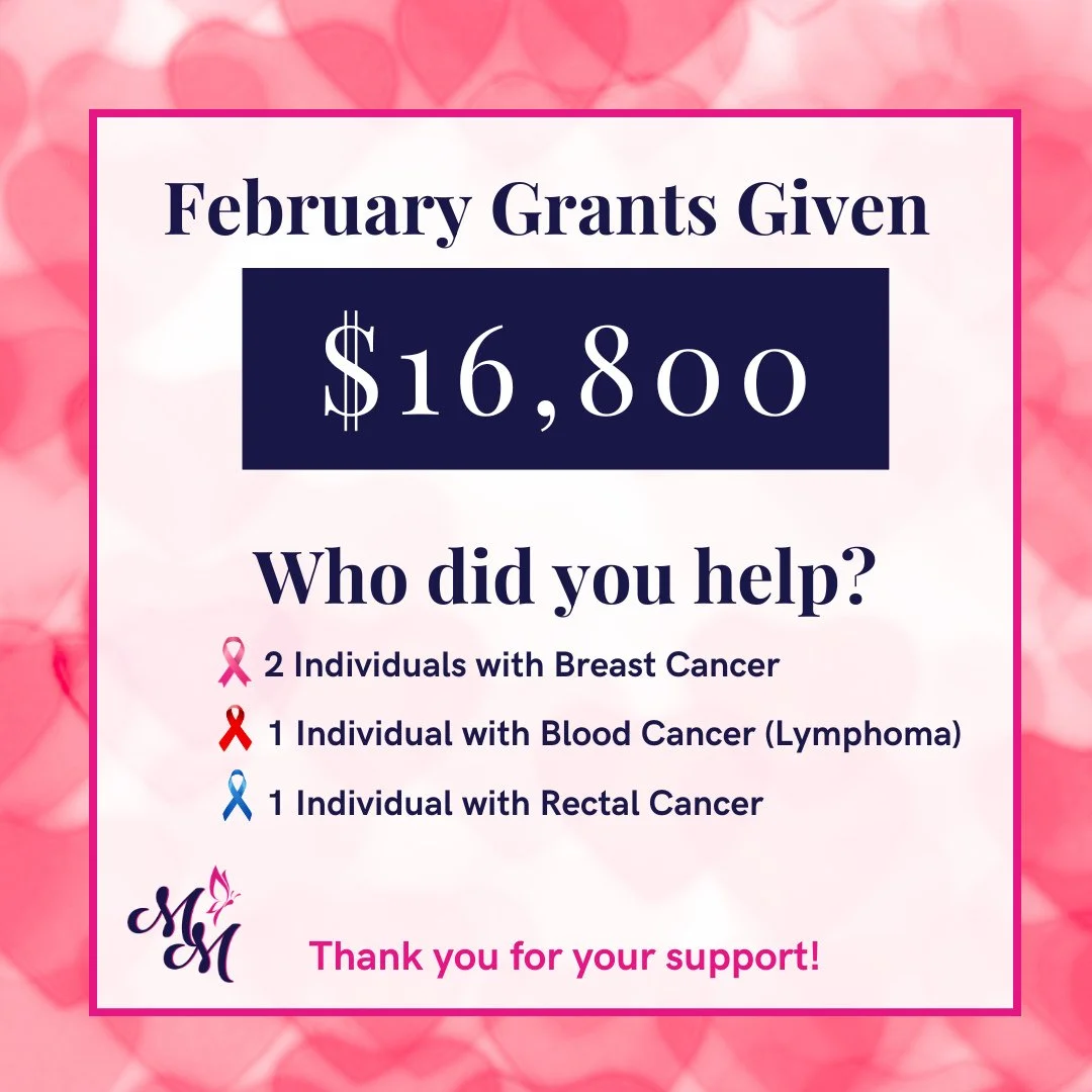 Your support makes a real difference monthly.⁠
⁠
In February, Marisa&rsquo;s Mission distributed $16,800 in grants to support four individuals facing cancer:⁠
⁠
🎗️ 2 individuals with Breast Cancer⁠
🎗️ 1 individual with Blood Cancer (Lymphoma)⁠
🎗️ 