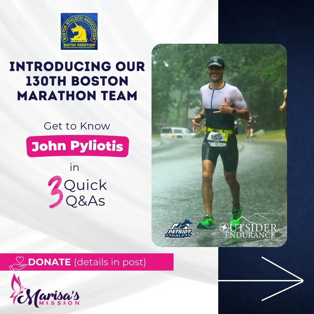 🏃&zwj;♂️💙 Runner Spotlight: Meet John

He is one of the incredible runners taking on the Boston Marathon for Marisa&rsquo;s Mission. His connection to this cause is deeply personal. His wife Beth is a breast cancer survivor, and their family knows 