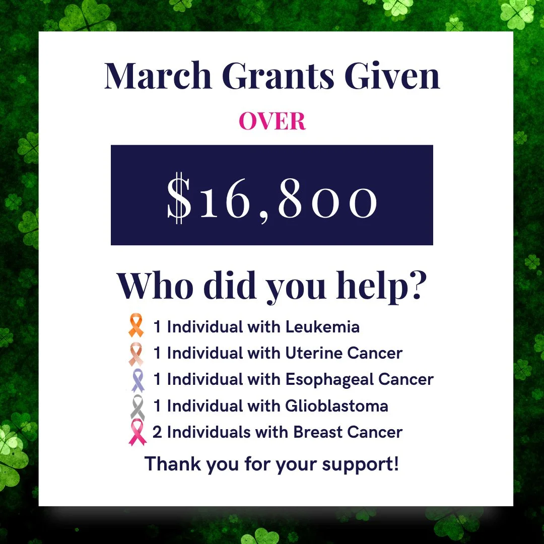 Honoring Marisa&rsquo;s Month with Impact 💕⁠
⁠
In March, Marisa&rsquo;s Mission distributed over $16,800 in grants to support 6 individuals facing cancer:⁠
⁠
🎗️ 1 individual with Leukemia⁠
🎗️ 1 individual with Uterine Cancer⁠
🎗️ 1 individual Esop