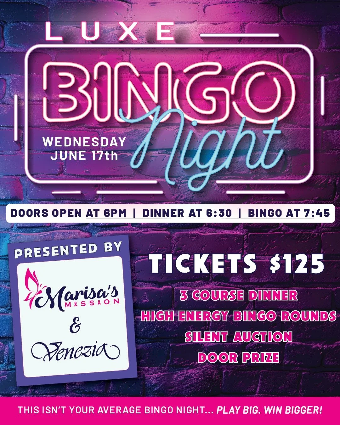 ✨ A NIGHT OF LUCK, LUXURY &amp; A LITTLE COMPETITION ✨

Join us Wednesday, June 17th for our first ever Luxe Bingo Night at the Venezia Function Facility!

Doors open at 6:00
Dinner starts at 6:30
Bingo starts at 7:45

Tickets include a 3 Course Dinn