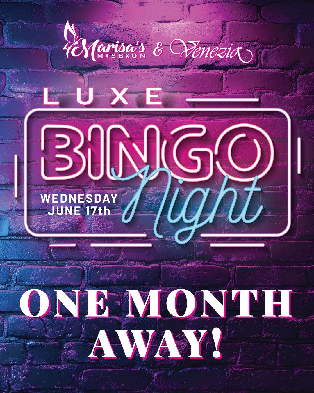 Our Luxe Bingo Night at the Venezia is just 1 month away!

Join us Wednesday, June 17th for a night of luck, luxury &amp; a little competition

Doors open at 6:00
Dinner starts at 6:30
Bingo starts at 7:45

Tickets include a 3 Course Dinner, High Ene