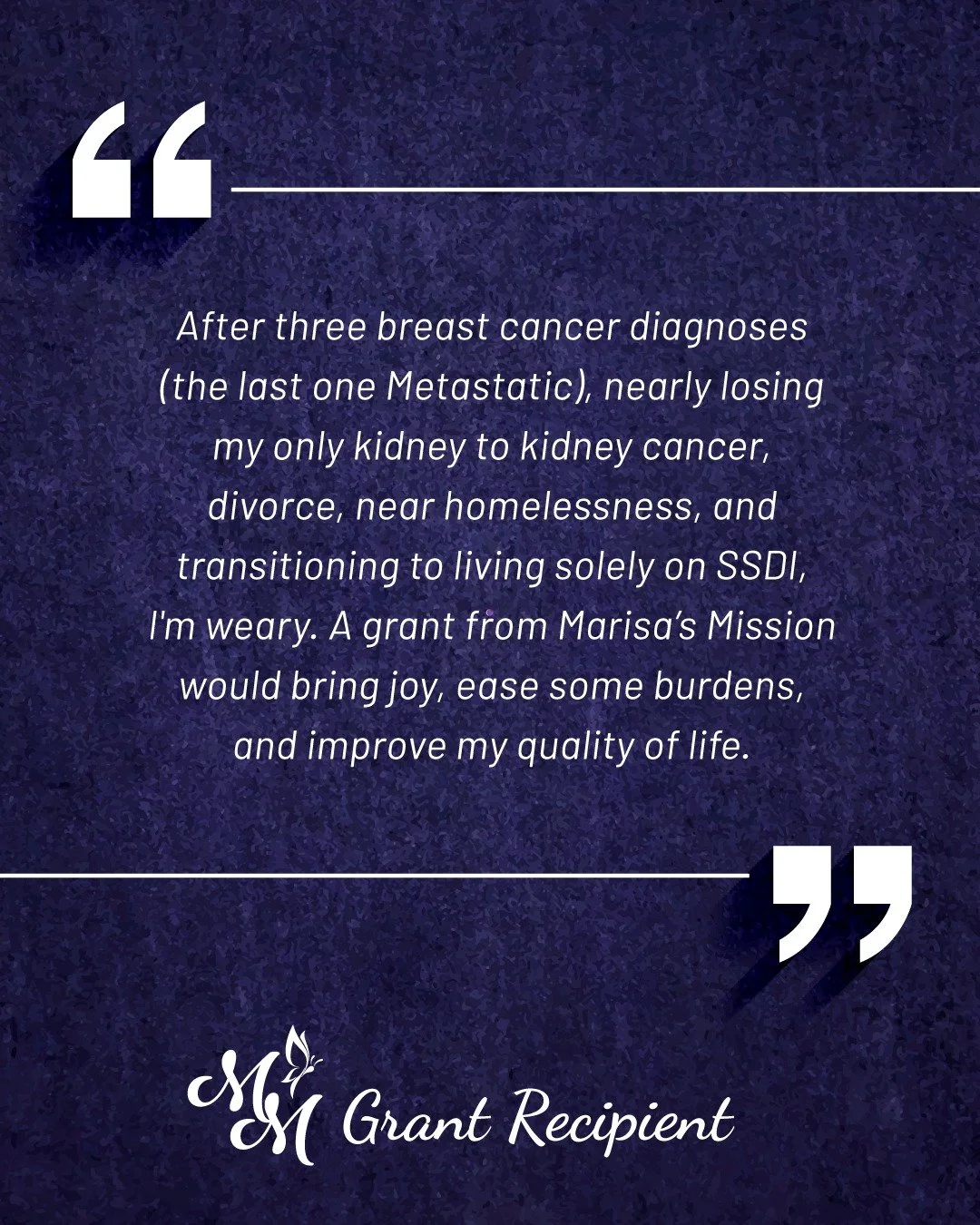 Thanks to supporters like you, Marisa&rsquo;s Mission was able to provide this family with a Home Assistance Grant and support with food security, helping ease the burden of everyday expenses during a difficult time.

Access to nutritious food and a 
