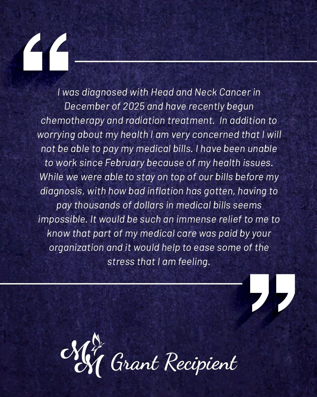 Thanks to supporters like you, Marisa&rsquo;s Mission was able to provide this person with a care grant, helping to relieve some of the financial stress of medical bills that comes with cancer treatment. 💕

The need for assistance continues to grow.