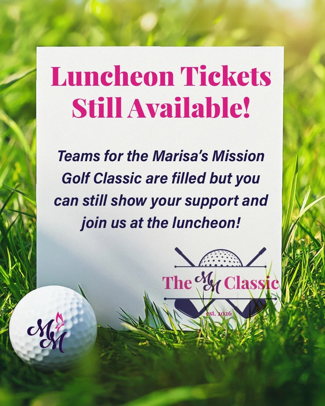The Marisa&rsquo;s Mission Golf Classic is 2 weeks away⛳

All teams are filled, but tickets to join us for lunch are still available and we'd love for you to join us! 

There will be some incredible raffles and delicious food. Starts at 2pm at Brookm