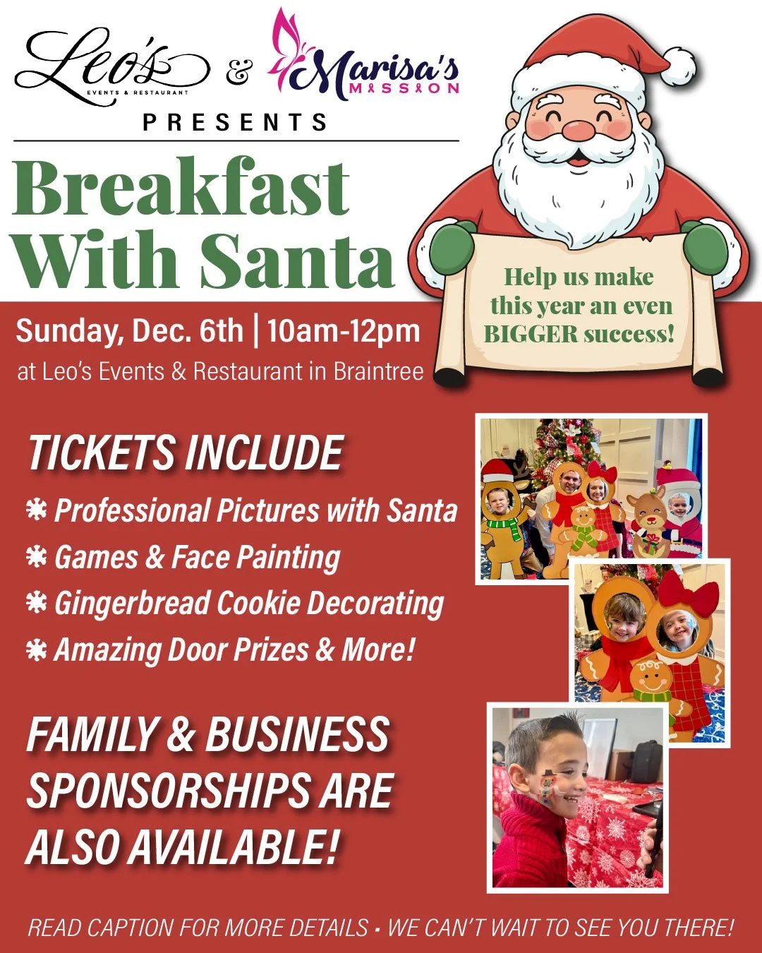 We&rsquo;re officially TWO MONTHS AWAY from a magical morning with Santa! 🎅🎄✨

Leo&rsquo;s Events &amp; Restaurant and Marisa&rsquo;s Mission are teaming up for Breakfast with Santa, and we can&rsquo;t wait to kick off the holiday season with you!
