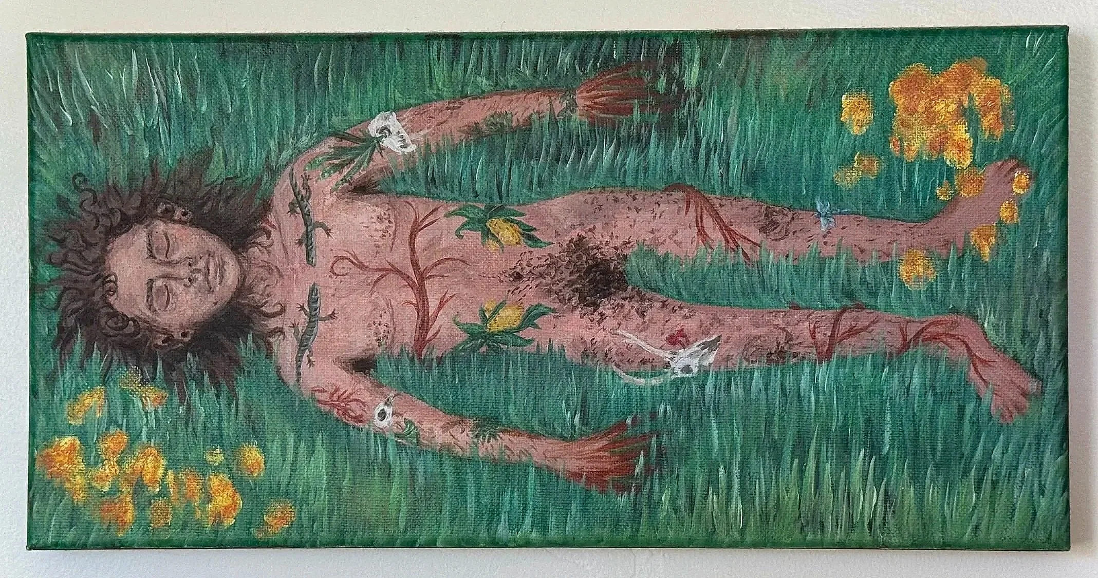 "Reincarnation"
Raymond Carr
Acrylic on canvas
7 in x 14 in 
From 2024 "Rewilding" series 
Past Exhibitions: 
Grunewald Guild, Leavenworth, WA
Seattle University, Seattle, WA
Not for sale