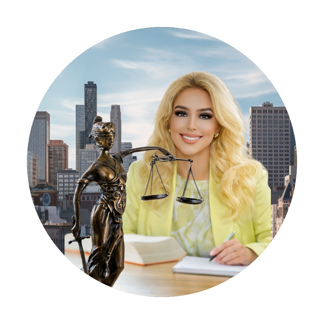 A smiling woman with long blonde hair and yellow blazer sitting at a desk with legal books, a notebook, and a pen, in front of a city skyline, with a bronze statute of Lady Justice holding scales in the foreground.