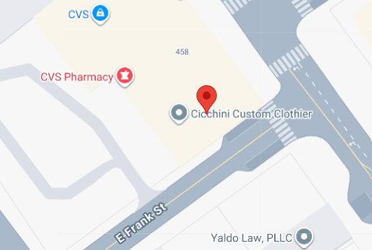 Map showing Cicchini Custom Clothier near E Frank Street.