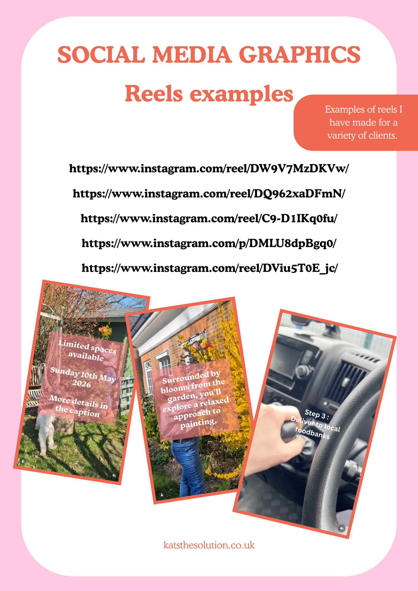 A social media graphic poster with pink background and white central area, featuring examples of Instagram reels related to gardening, home improvements, and food delivery. The poster displays URLs for Instagram reels and has some images of outdoor g