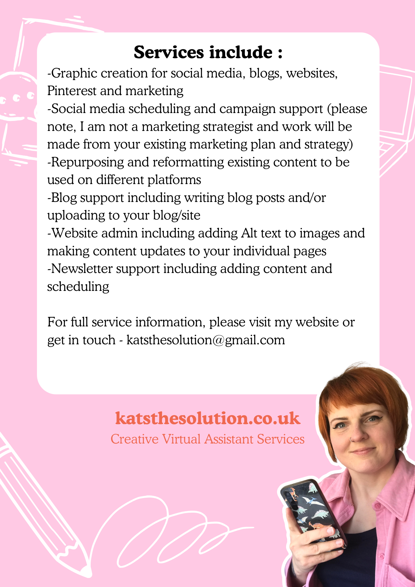 Pink promotional flyer for 'Kats the Solution' featuring a woman with short red hair holding a phone with a dinosaur print case. The flyer lists virtual assistant services including social media, blog support, website management, and marketing. The w