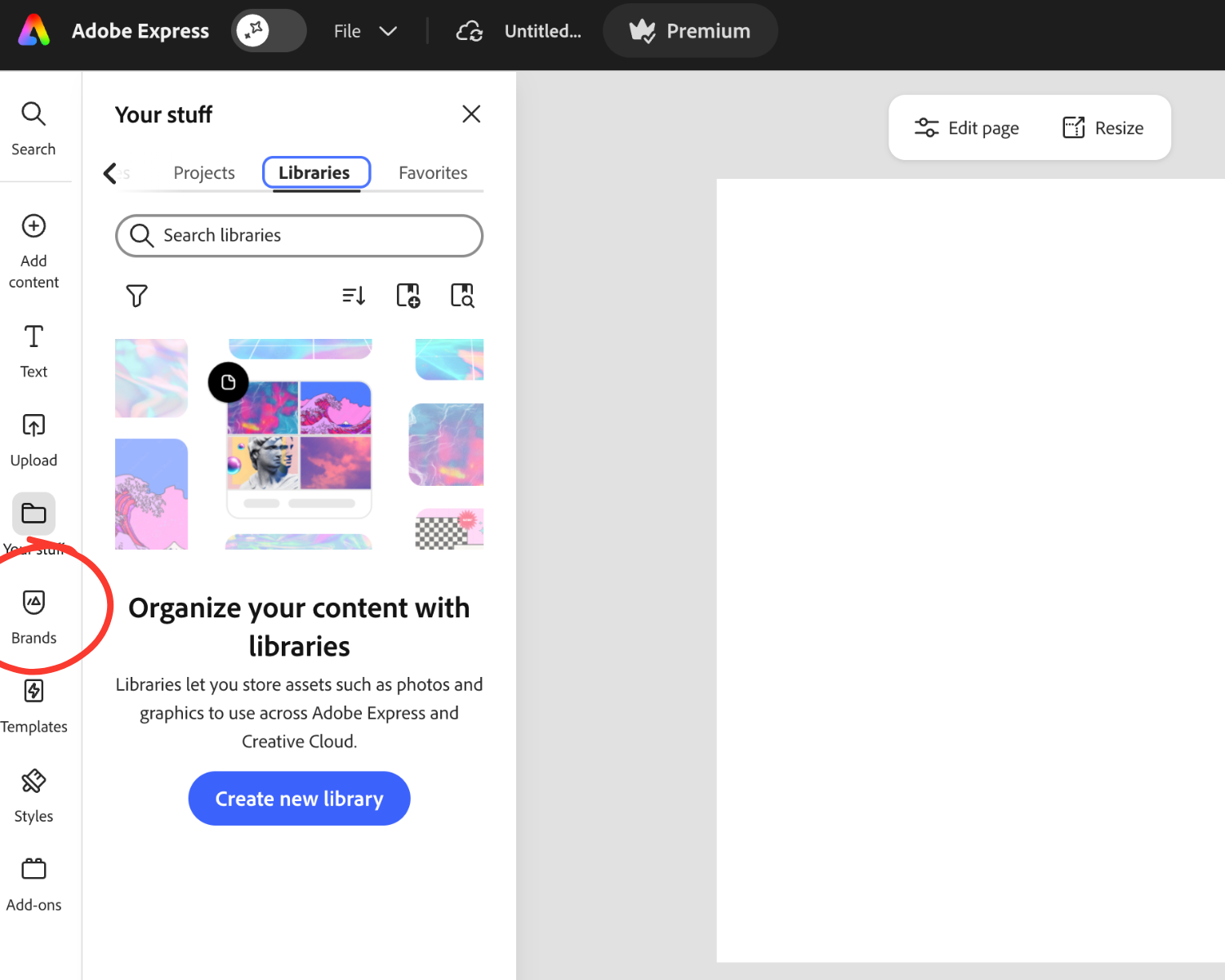 Screenshot showing the adobe express interface and where you can find the branding kit