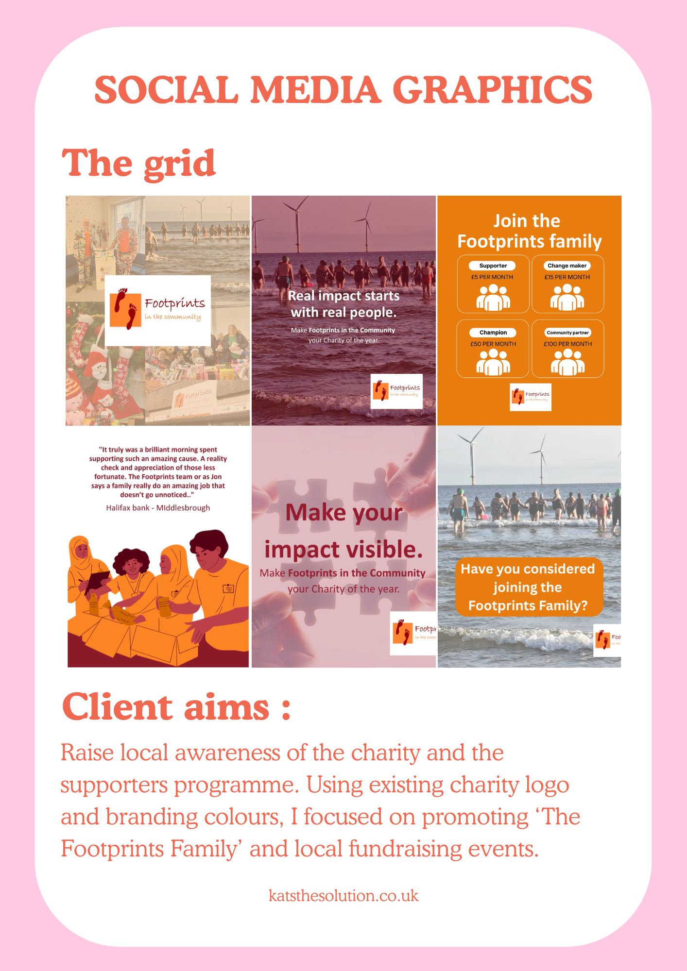 A social media graphic about the Footprints charity. It features a collage of images including wind turbines at sea, people walking on the beach, and groups of volunteers. The text mentions the charity's goals, membership details, and fundraising eve