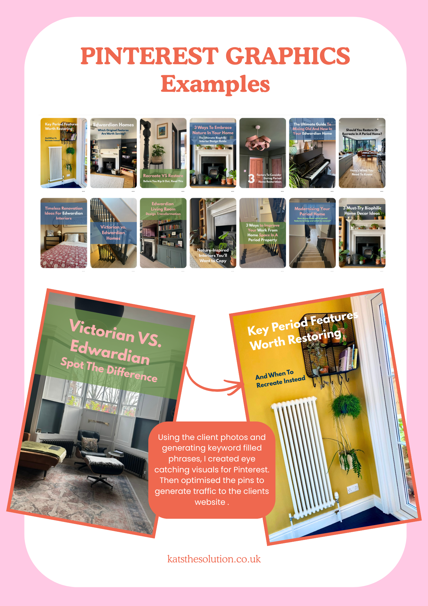 A digital collage of Pinterest graphics displaying interior design ideas and tips, including photos of living rooms and self-creation notes, with a pink background and orange border.