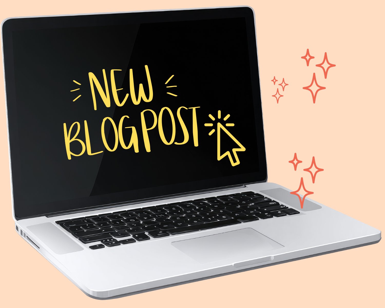 Laptop computer with a screen displaying the words "New Blog Post" in yellow with a cursor icon, against a light pink background with decorative sparkles.