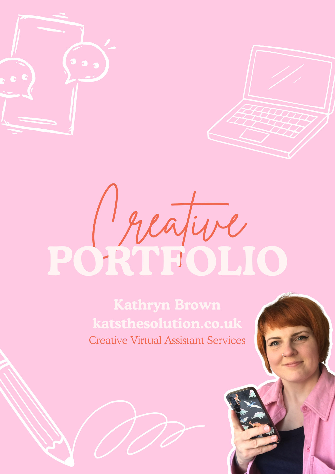 A pink-themed promotional graphic for Kathryn Brown's virtual assistant services, featuring a woman with short red hair, holding a phone with dinosaur stickers on the screen. There are hand-drawn icons of a pencil, paperclip, and notebook, with text 