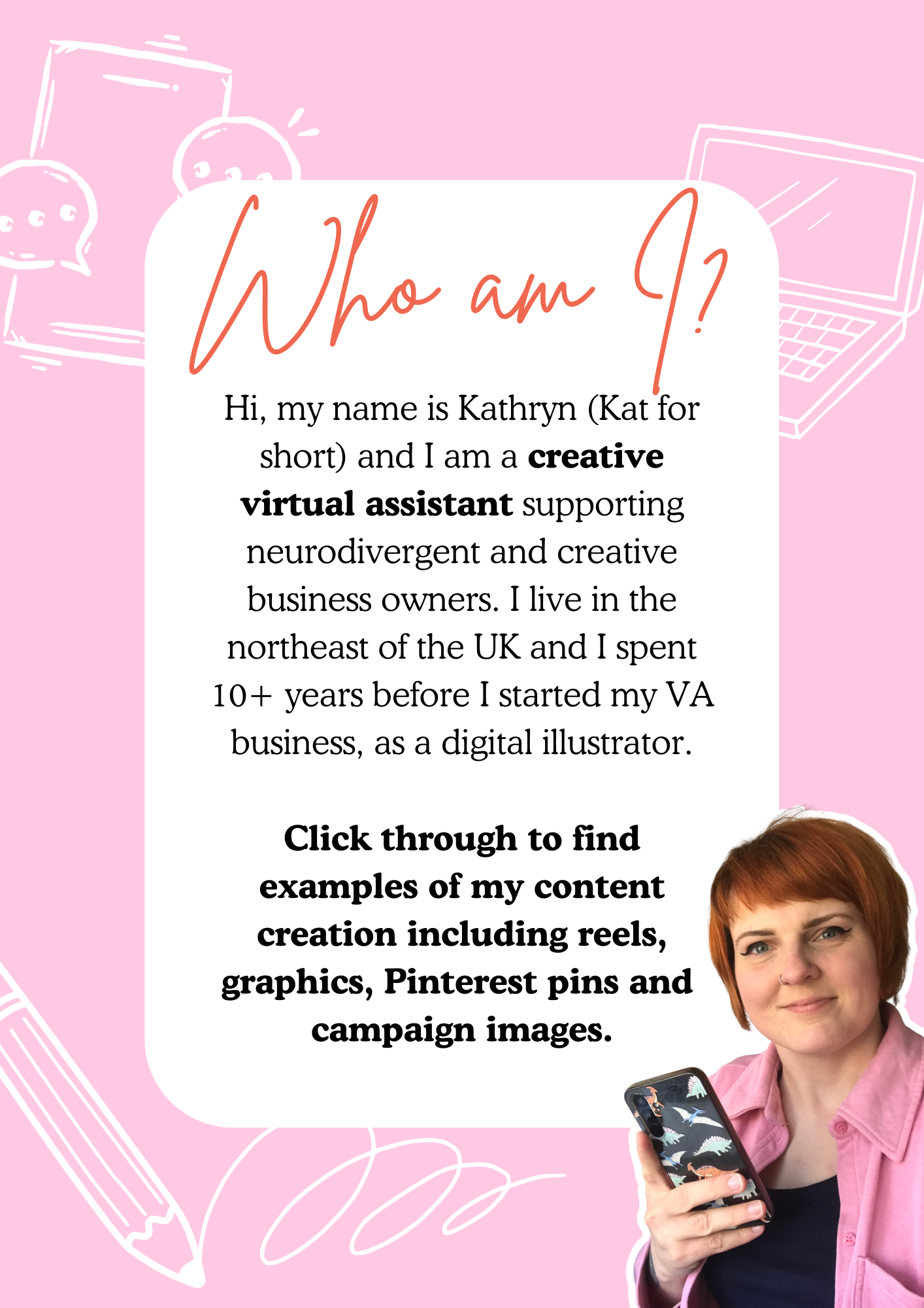 A woman with short red hair and a nose piercing holds a smartphone with an image of sharks on the screen, wearing a pink shirt with a black top underneath, smiling at the camera, with a pink background and decorative white sketches of pencils and pap